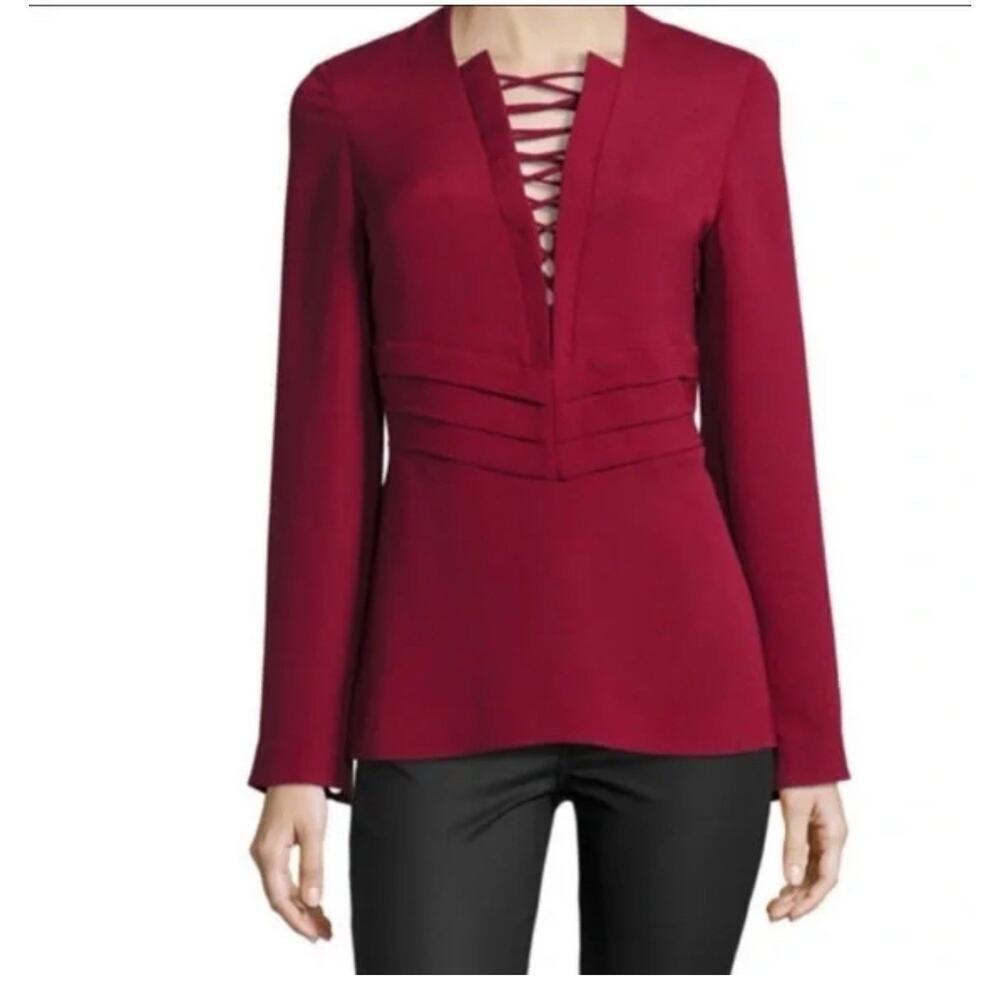 Iro Luana Lace Up Top Shirt Burgundy Red Sz 10 Long Sleeve Crepe